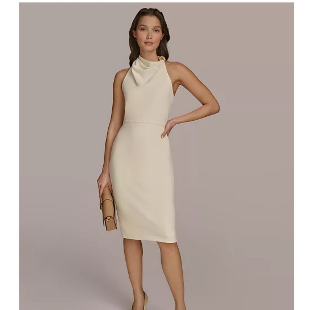 Donna Karan Cream Halter Sheath Midi Dress